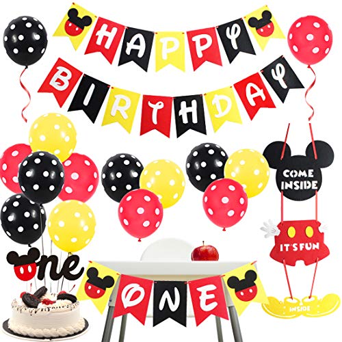 Product Cover Mickey Themed 1st Birthday Party Supplies - Mickey and Minnie Party Decorations Welcome Sign Door Hanger Black Red Yellow for First Birthday