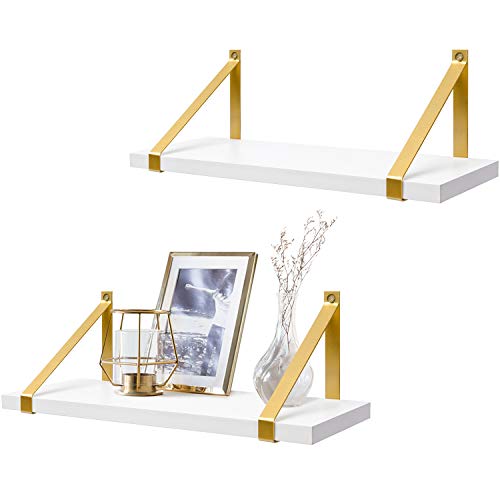 Product Cover Mkono 2 Set Floating Shelves Wall Mounted Morden Decorative Shelves White Wooden Shelves with Gold Metal Brackets for Living Room Office Bedroom Bathroom Kitchen, 17 Inches