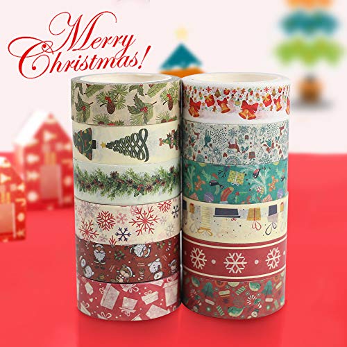 Product Cover Christmas Washi Tape Set, 12Rolls Merry Christmas Masking Tape Decorative Duct Tape for Xmas Decorations Christmas Party Favors Supplies, 0.6