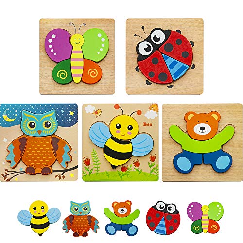 Product Cover HZONE Wooden Jigsaw Puzzles for Toddlers 1 2 3 Years Old, (5 Pack) Early Educational Toys Gift for Boys and Girls with 5 Animals Patterns, Bright Vibrant Color Shapes