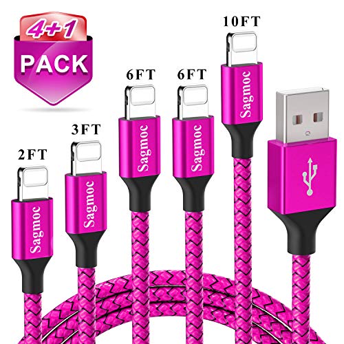 Product Cover Phone USB Charger Cable Fuchsia Red - Sagmoc Shiny Rapid Charging Cord Nylon Braided 【4+1Pack】 10FT 2x6FT 3FT 2FT Compatible for XS/XS MAX/XR/X/8/8Plus/7/7Plus/6/6Plus/6s/6sPlus/5s/AIR/PRO and More