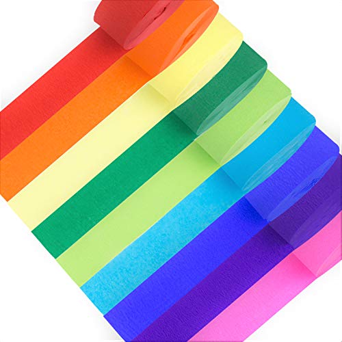 Product Cover 98.4 Feet Crepe Paper Streamers | Pack of 9 Color Rolls | Party Rainbow Decorations in Red, Orange, Yellow, Green, Blue & Purple | Fun Colorful, Booth Backdrop, Wedding Ceremony, Festival & Event Decor
