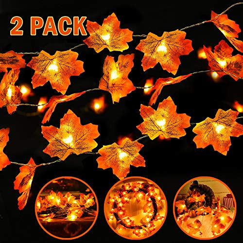 Product Cover Rocinha Lighted Fall Garland Thanksgiving Decorations Maple Leaves Garland with Lights, 8.2 Ft 20 LED,Pack of 2