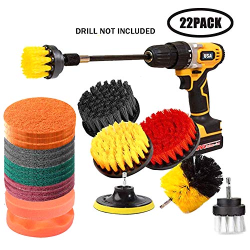 Product Cover Drill Brush and Scrub Pads,JOQINEER 22 Pieces Drill Brush Attachment Set with Long Reach Attachment in Box for Bathroom Shower Scrubbing, Carpet Cleaning, Grout Scrubbing, and Tile Cleaning(22pcs)
