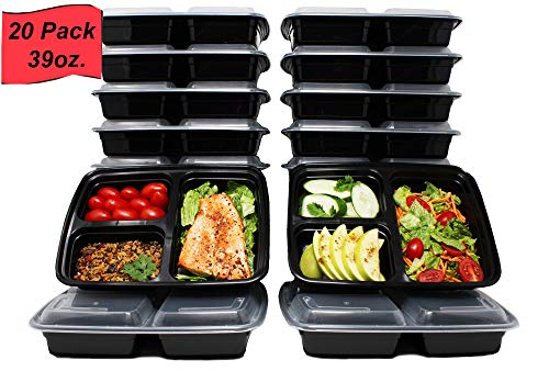 Product Cover Prep Pro Meal Prep Containers [20 Pack] 39oz 3 Compartment with Lids, Microwave/Freezer/Dishwasher Safe, Reusable/Stackable, BPA Free, Meal Planning, Food Storage, Lunch Bento Box, Portion Control