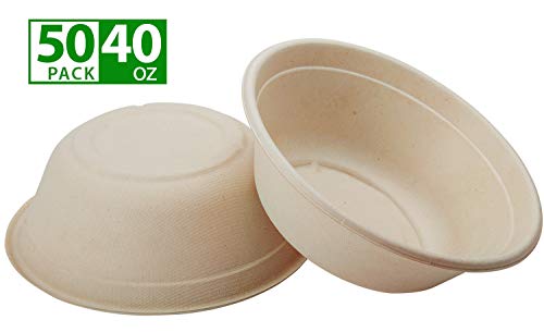 Product Cover ZenCo Bagasse Eco Bowl - 50 Pack 40oz (5 Cups) Extra Large Beige Disposable Natural Sugarcane Heat Resistant Eco Friendly Paper Alternative Bowls (50 Count, 40oz)