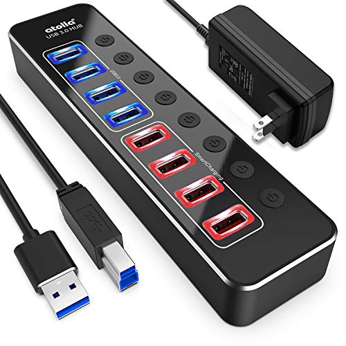 Product Cover Powered USB Hub 3.0, atolla Aluminum 8-Port USB Hub with 4 USB 3.0 Data Ports and 4 USB Smart Charging Ports, USB Splitter with 12V/2.5A Power Adapter and Individual On/Off Switches