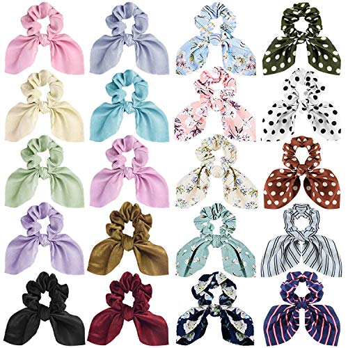 Product Cover Bow Scrunchies for Hair, Funtopia 20 Pcs Cute Rabbit Bunny Ear Scrunchies with Dotted Striped Floral Patterns and Solid Colors, Fashion Scrunchy Hair Ties Bowknot Ponytail Holders for Women Girls