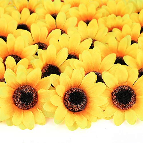 Product Cover Mocoosy 100Pcs Artificial Sunflower Heads - Yellow Silk Sunflowers Bulk Small Fake Sun Flowers Arrangements for Wedding Birthday Baby Shower Party Artificial Flower Crafts Accessories DIY Decorations