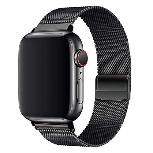 Product Cover WAAILU Compatible with Apple Watch Band 38mm 40mm 42mm 44mm, Colorful Stainless Steel Mesh Sport Wristband Loop Compatible for iWatch Series 4/3/2/1 (Black, 42mm/44mm)
