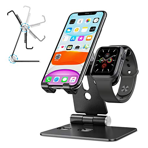 Product Cover Cell Phone Stand for Apple Watch - OMOTON 2 in 1 Aluminum Foldable Charging Dock Stand for Apple Watch 5/4/3/2/1 and iPhone 11/11 Pro/11 Pro Max/XR/Xs/Xs Max (Black)