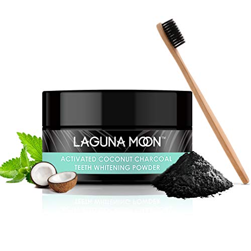 Product Cover Lagunamoon Natrual Activated Charcoal Teeth Whitening Powder with Bamboo Brush, Remove Coffee Wine Tobacco Stains, No Hurt on Enamel or Gum, Fluoride-Free,1.76 oz