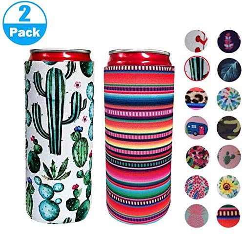 Product Cover XccH2o 2pcs Slim Can Cooler, Colourful Neoprene Beer Cooler Beer Coolies Beer Holders Perfect for 12oz Slim Cans like Red Bull, White Claw, Slim Beer and Spiked Seltzer Water（Cactus + rainbow stripes）