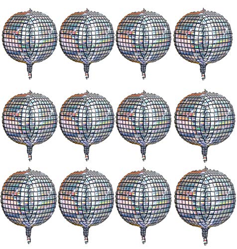 Product Cover 12 Pack 22 Inch Disco Ball Balloon Silver laser 4D Large Inflatable Sphere Aluminum Foil Balloon Silver Mirror Balloon for Disco Dance Party Supplies Bouquet Wedding Baby Shower Decorations