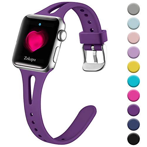 Product Cover Zekapu Slim Band Compatible with Apple Watch 38mm 40mm for Women, Breathable Soft Silicone Thin Narrow Wristband for iWatch Series 5 4 3 2 1, S/M Purple