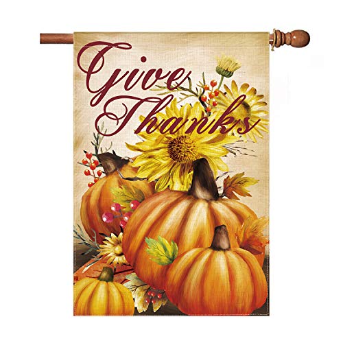 Product Cover Hexagram Give Thanks Garden Flag 28 x 40 Inch Decorative Thanksgiving Harvest Fall Autumn Pumpkin House Flag