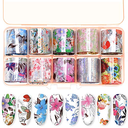 Product Cover 10 Sheets Nail Decals Art Nail Foil Transfer Stickers, Decals for Nail Art, DIY Decoration for Women and Kids, 10 Colors (Spring Flower Pattern)