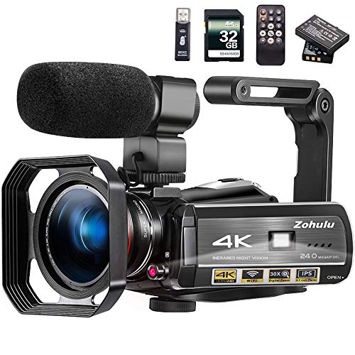 Product Cover Video Camera 4K Camcorder ZOHULU Vlog Camera for YouTube, HD Digital Camera with 30X Digital Zoom and Night Vision, Video Recorder with Microphone, Wide Lens (32GB SD Card, 2 Batteries Included)