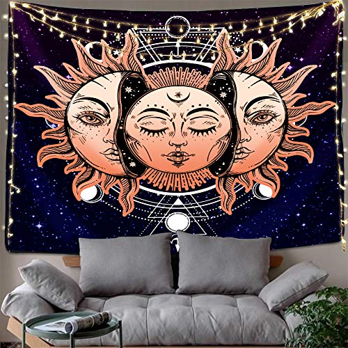 Product Cover Hexagram Psychedelic Celestial Sun and Moon Tapestry Wall Hanging Hippie Gold Burning Sun Wall Art with Mystic Tarot Card Small Wall Tapestry for Bedroom Living Room Dorm Decor