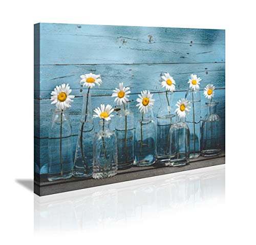 Product Cover 1 Panel Vintage Flower Canvas Wall Art for Home Office bathroom Decoration Modern Floral Canvas Artwork Daisy Flower Vase Picture Giclee Print on Canvas Blue wooden board Art Ready to Hang