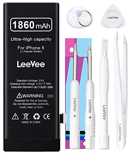 Product Cover 1860mAh High Capacity Replacement Battery Compatible with iPhone 5 / 5G, LeeVee 0 Cycle Li-Polymer Replacement Battery for iPhone 5 with Repair Tools Kits, Adhesive Strips & Instruction