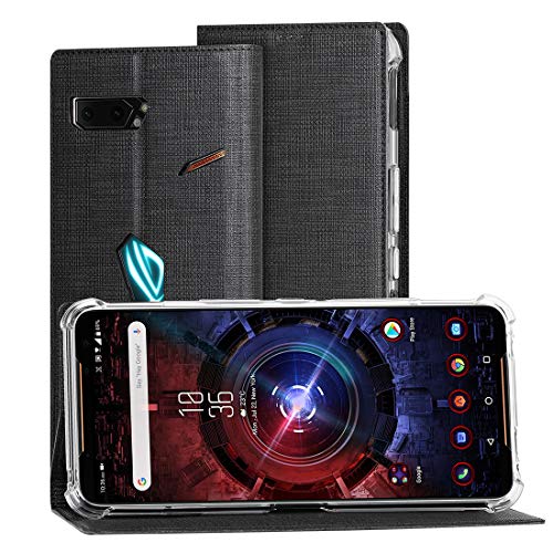 Product Cover ASUS ROG Phone 2 Case, Foluu ASUS ROG Phone 2 Wallet Case Canvas Flip/Folio Soft TPU Cover Bumper Kickstand Ultra Slim Strong Magnetic Closure Cover for ASUS ROG Phone 2 (Black)