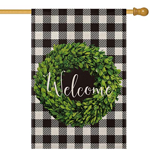 Product Cover AVOIN Fall Boxwood Wreath Welcome House Flag Vertical Double Sided, Buffalo Check Plaid Rustic Farmhouse Burlap Flag Yard Outdoor Decoration 28 x 40 Inch