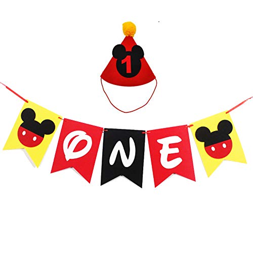 Product Cover Mickey Mouse First Birthday Party Supplies, Handmade 1st Felt Garland Birthday Highchair Banner with Party Hat for Baby Boys Shower Theme Parties Decorations