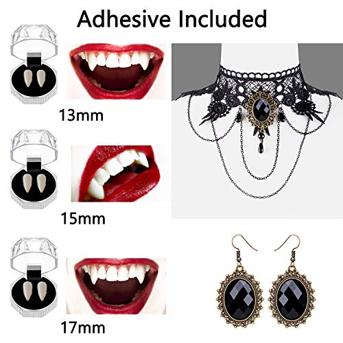 Product Cover Vampire Teeth Fangs Dentures Costume Gothic Necklace Choker Earrings - Cosplay Accessories Zombie Props for Girls Halloween Decoration Set Party Supplies (Adhesive Included)