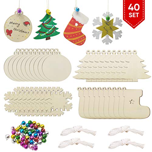 Product Cover 40PCS Unfinished Wooden Christmas Ornaments Bulk，Natural Wood Slices Wood Christmas Tree Ornaments with 40PCS Colorful Bells and 40PCS Wax Rope for Holiday Decoration and DIY Craft Making