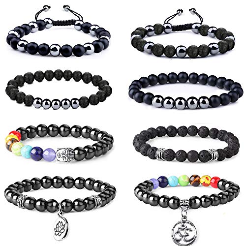 Product Cover Milacolato 8 Pcs Healing Energy Couple Black Agate Bracelet for Men Women Natural Tiger Eye Stone Crown Queen Hematite Crystal Lava Therapy Beads Stretch Bracelet Adjustable