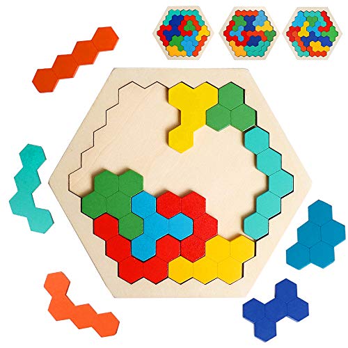 Product Cover Wooden Hexagon Puzzle for Kid Adults Shape Block Tangram Brain Teaser Colorful Toy Geometry Logic IQ Game STEM Montessori Educational Gift for All Ages Challenge Children Kid Boys Girls