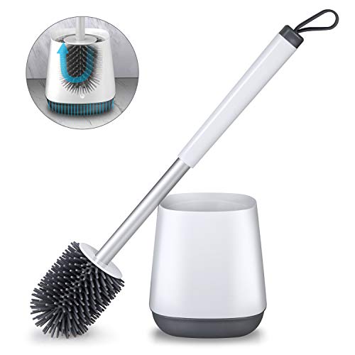 Product Cover POPTEN Toilet Brush and Holder Set for Bathroom with Aluminum Handle & Soft Silicone Bristle Sturdy Cleaning Toilet Bowl Brush Set Cleaner for Bathroom Storage and Organization - White