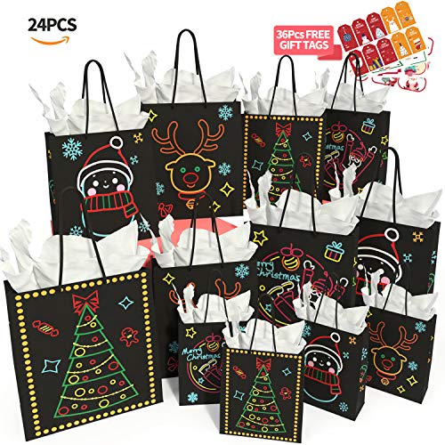 Product Cover Christmas Gift Bags Glow in Dark Design 24 Piece 12Bags in 4  Different Designs, 4 Large, 4 Medium, 4 Small & 12 Tissue Papers and 36 Pcs Christmas Gift Tags for Christmas Holiday Party