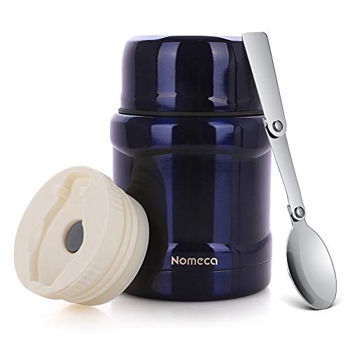 Product Cover Nomeca Insulated Food Jar Thermos Lunch Container with Folding Spoon, 16 Oz Stainless Steel Double Wall Vacuum Hot Cold Food Container Wide Mouth Leak Proof Lunch Box for Kids Adults - Midnight Blue