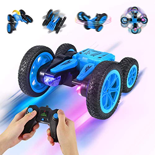 Product Cover ThinkMax RC Stunt Car, 2.4GHz 4WD Kids Remote Control Car, 360 Degree Spins Double Sided Driving Rc Car Rechargeable with LED Headlights (Blue)