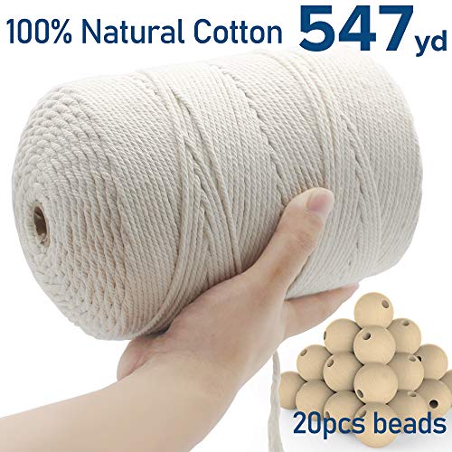 Product Cover Macrame Cord 3mm × 547Yards | 100% Natural Cotton Macrame Rope | 4 Strand Twisted Soft Cotton Cord for Handmade Wall Hanging, Plant Hangers, Crafts, Knitting, Craft Cord (3mm x 547yd)