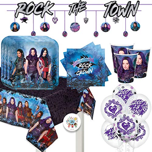 Product Cover Descendants 3 Birthday Party Supplies Pack for 16 With Plates, Napkins, Cups, Tablecover, Balloons, Banner, and Pin
