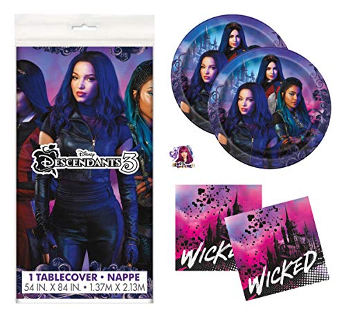 Product Cover Descendants 3 Theme Birthday Party Supplies Set - Serves 16 - Tablecover, Plates, Napkins and Sticker - Mal, Uma and Audrey