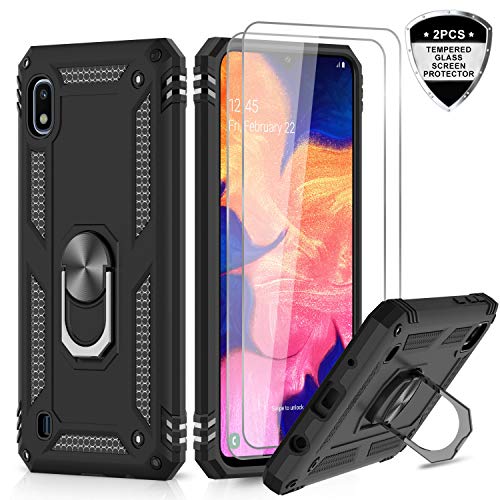 Product Cover LeYi Samsung Galaxy A10 Case (Not Fit A10E) with Tempered Glass Screen Protector [2 Pack], Military Grade Defender Protective Phone Case with Car Ring Holder Kickstand for Samsung A10, JSFS Black