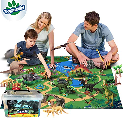 Product Cover Dinosaur Toys Figures with Large Flannel Activity Play Mat 39.4 x 28 Inch, 27Pcs Realistic Dinosaur Playset Include T-Rex, Triceratops, Trees, Dinosaur Fossils etc for Kids Boys Girls