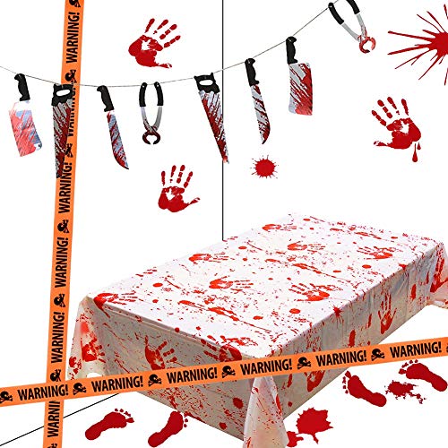 Product Cover Lulu Home Halloween Bloody Party Decorations, Scary Party Favors 5 Piece Bloody Table Cover, Weapon Garland, Handprints, Footprints and Caution Tapes