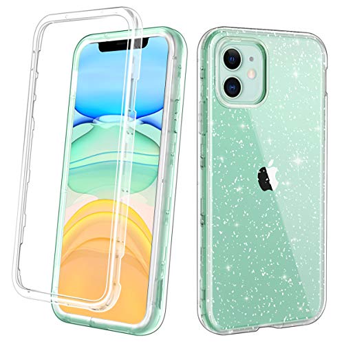 Product Cover Lamcase for iPhone 11 Case Crystal Clear Glitter Sparkly Bling Heavy Duty Shockproof Hybrid Three Layer Protective Cover Case for Apple iPhone 11 6.1 inch 2019, Clear/Silver Glitter