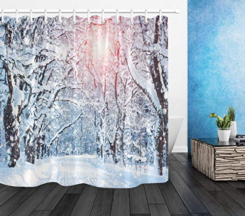 Product Cover LB Winter Forest Shower Curtain Snow Covered Trees Pathway in Sunshine Winter Season Scenic for Christmas Holiday Shower Curtain Sets with 10 Hooks,Waterproof Fabric 60x72 Inch