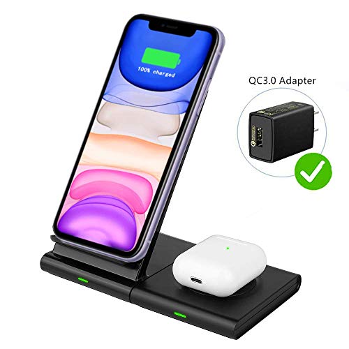 Product Cover Hoidokly Dual 2 in 1 Wireless Charger, 10W Fast Charging Stand for Samsung Galaxy S10/S10+/S10e/S9/S8/S8+/S7/Note 10/10+/9, Galaxy Watch/Gear/Buds, iPhone 11/11 Pro/XR/XS Max/X/8/8 Plus/Airpods Pro