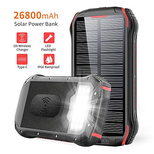 Product Cover Solar Charger 26800mAh, ORYTO Qi Wireless Portable Solar Power Bank External Backup Battery, 3 Outputs-5V/3.1A & 2 Inputs Huge Capacity Phone Charger for Smartphones, 18LED Flashlights for Outdoor