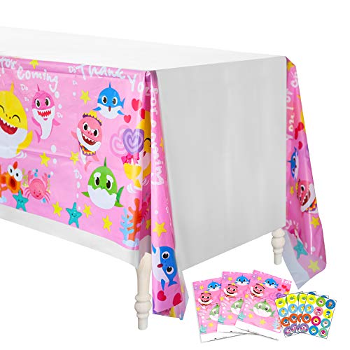 Product Cover Ticiaga Baby Cute Shark Tablecloth, 4 Pack 42.5 x 71 Inch Pink Doo Doo Shark Family Disposable Plastic Picnic Table Cover for Kids Birthday, Thank You for Coming Shark Theme Party Decoration Supplies