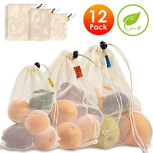 Product Cover Reusable Produce Bags, LOFTER Cotton Mesh Bags with Tare Weight Tags, Organic Grocery Bags for Shopping & Storage, Washable, Biodegradable, Eco-friendly, Superior Double-Stitched Strength, 12 Pack