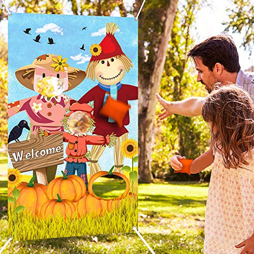 Product Cover Scarecrow Bean Bag Toss Games with 3 Bean Bags Thanksgiving Toss Game Decoration Turkey Harvest Party Games for Children Family Autumn Give and Thanks Theme Scarecrow Party Favor Supplies (Orange Scar