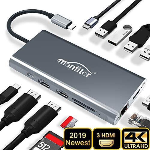Product Cover Manfiter USB C HUB Adapter, Latest 12 in 1 Type C Hub Triple Display USB C Docking Station with 3 HDMI/USB3.0 Type C/4 USB Ports/100W PD 3.0/SD&TF Card Reader/Ethernet for MacBook&Type C Laptops